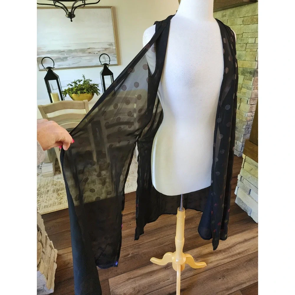 LuLaRoe Shirley Kimono Vest Small Black Iridescent Dots Sheer Long Duster‎ Goth